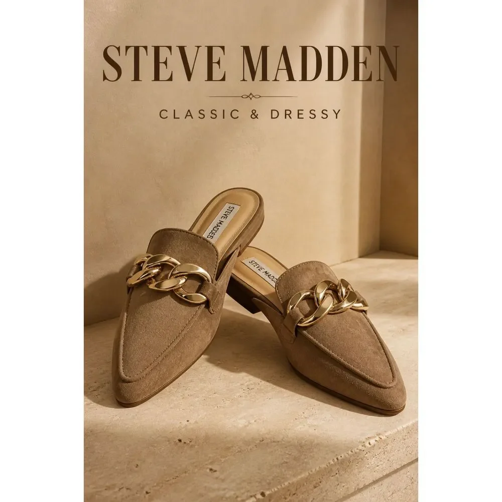 Steve Madden tan micro-suede mules, gold chain accent, size 7M